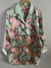Vintage Kathryn Satin Floral Sleep Shirt Nightgown Button Front Pink Green L
