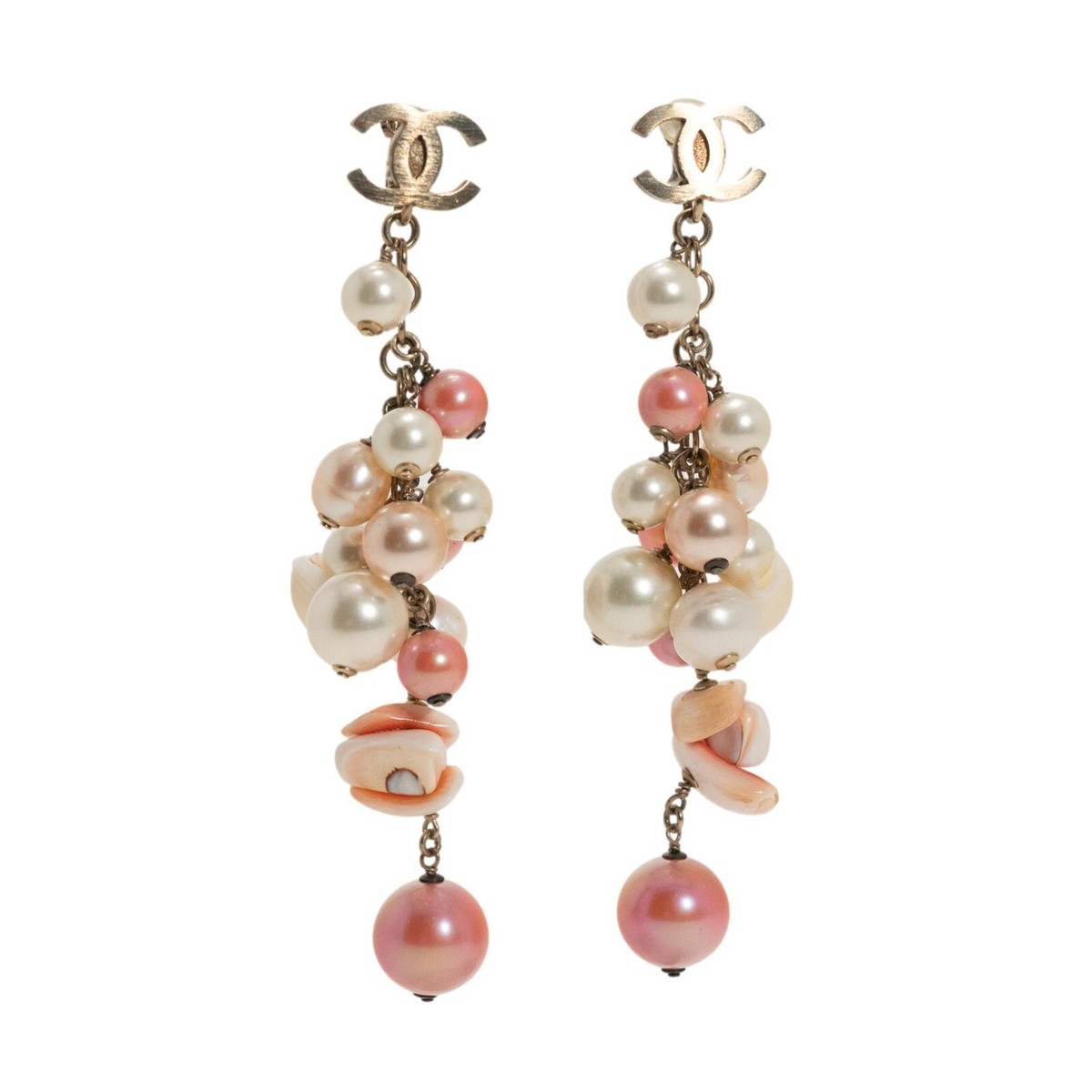 アクセサリー CHANEL pierce CHANEL 07C Pink Faux Pearl & Shell Dangle Drop CC Logo Clip