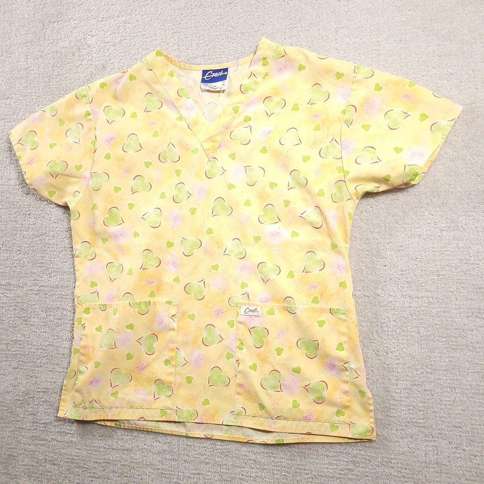 Crest Womens Small Scrub Top Colorful Hearts V Neck Pockets Yellow Ladies  - Image 2 of 4