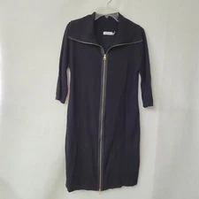 Calvin Klein Dress Womens L Black Zipper Front Sweater 3/4 Sleeve Sheath Knit
