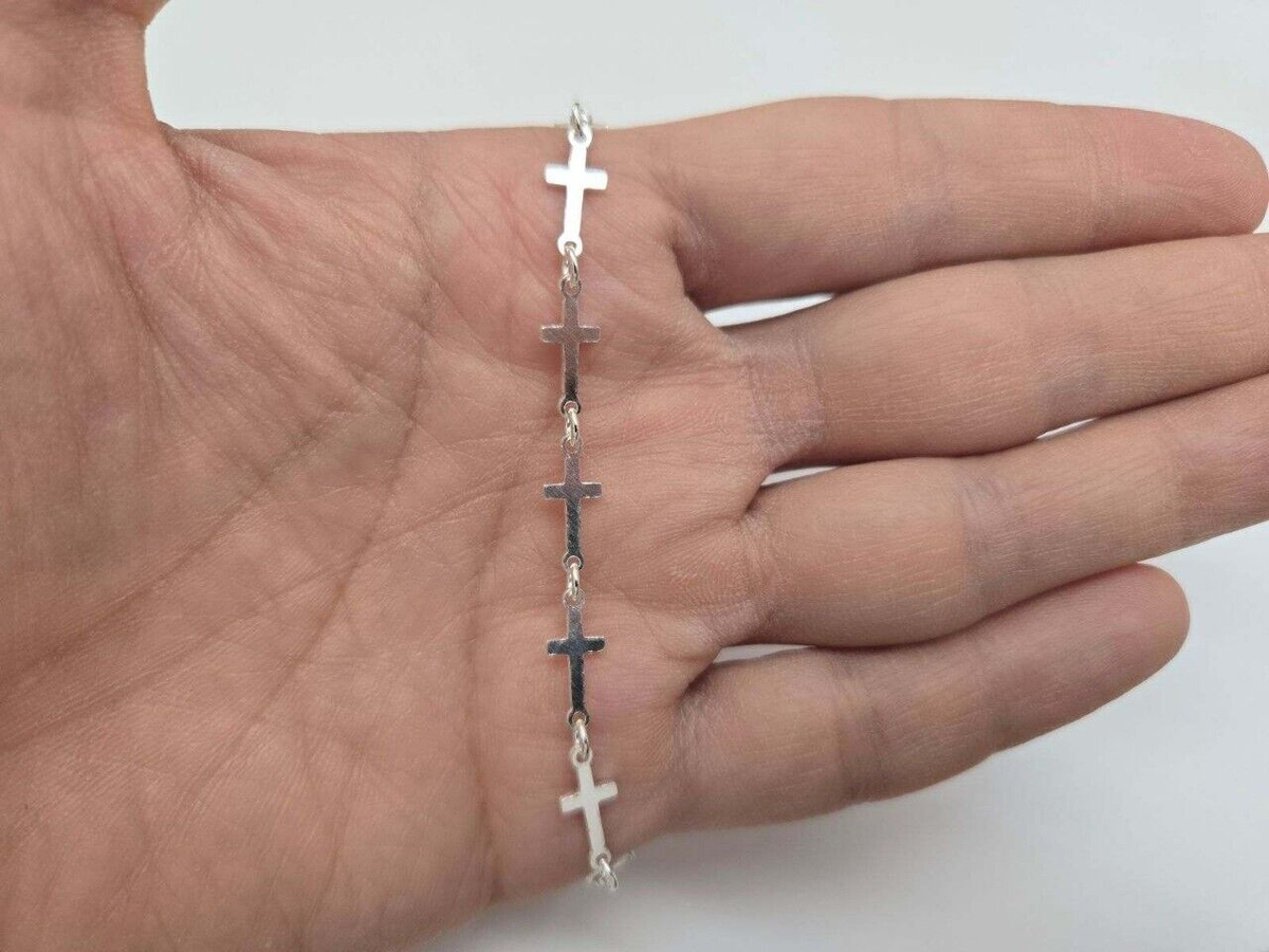 925 Sterling Silver Linked Plain Cross Bracelet Italy 6mm, 7