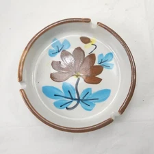 Vintage Ashtray Ceramic Flowers Design Round Blue Brown Cottage Core Boho
