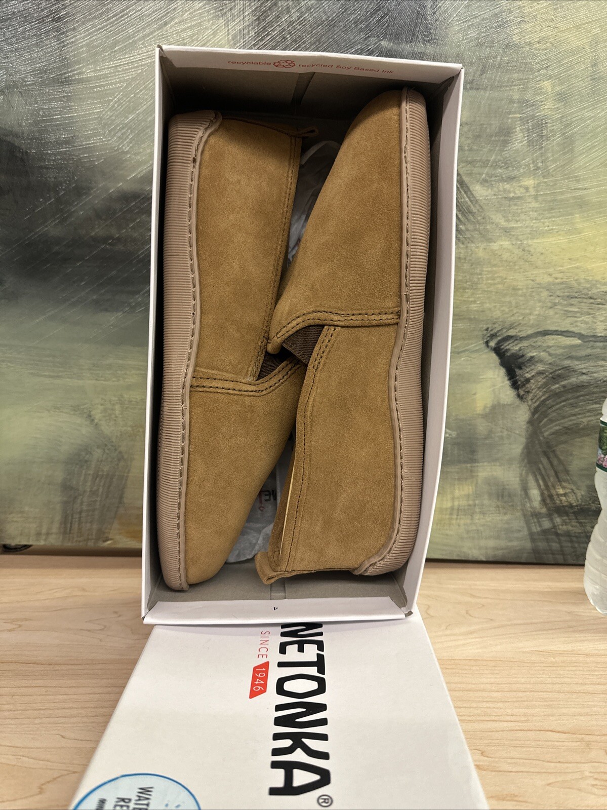 PANTOFOLA D’ORO Minnetonka Ciabatte Uomo Twin Gore Pelle di Pecora Marrone Dorato Taglia 10 ?