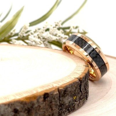8mm Rose Gold Tungsten Christmas Gif Band Black Carbon Fiber Inlay Engraved Ring