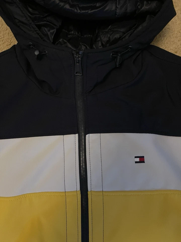 TOMMY HILFIGER Hooded Lined Softshell Jacket Yellow White Navy Blue Size XL - Image 2 of 4