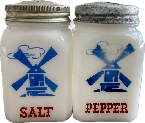 Vintage Salt & Pepper Shakers Red Letters Blue Windmills Milk Glass 3”x 1.5”