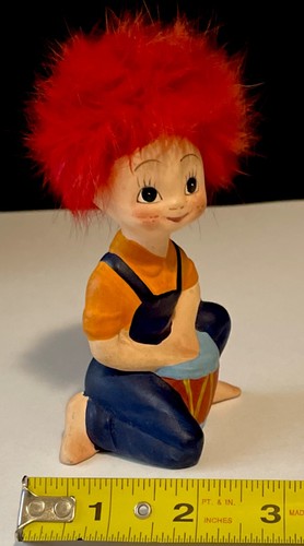 RARE! VTG 1970s Fuzzy Red Hair Berries Toy Ceramic Figurine Playing Drum 5.5”T - Picture 7 of 9