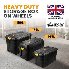 145L/175L/190L Large Storage Box on Wheels with Lid Heavy Duty Black
