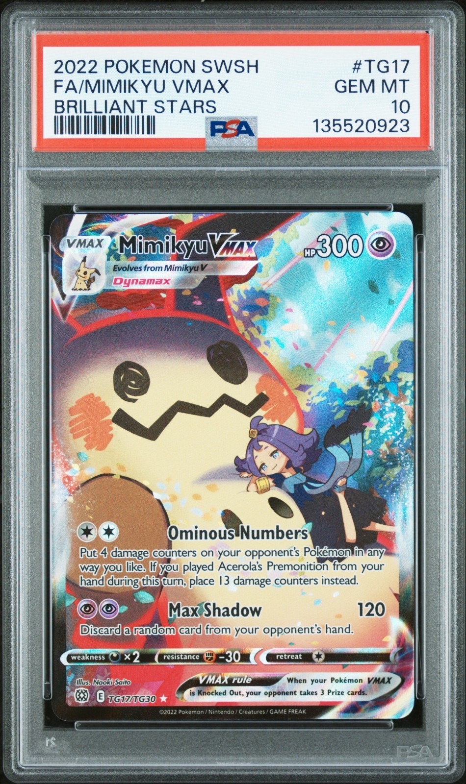 PSA 10 GEM MINT Mimikyu VMAX TG17/TG30 Brilliant Stars Full Art 2022