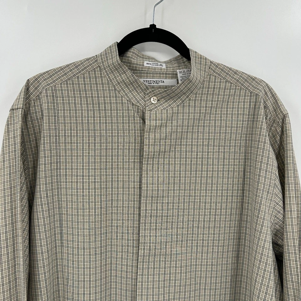 Camisa de vestir para hombre VESTIMENTA beige azul a cuadros manga larga con botones talla 44 Foto 3 de 4