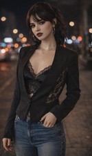 IZ Byer Black Lace Back Cropped Blazer Medium Open Front Evening Jacket Romantic