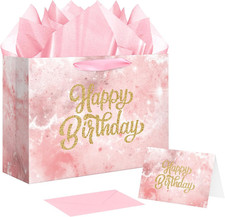 12.6" Large Pink Happy Birthday Gift Bag with Card and Tissue Papers for Girls W