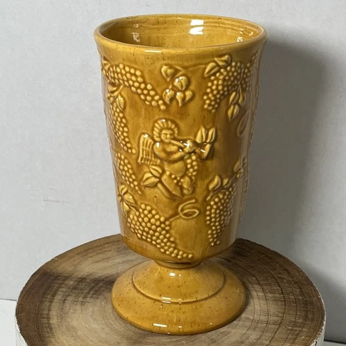 Vintage Haeger Mustard Yellow Cherub & Grapes Relief Vase 10”