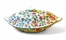 Minton Haddon Hall Green w/Floral Chinz Fluted Oval Covered Serving Dish EUC!