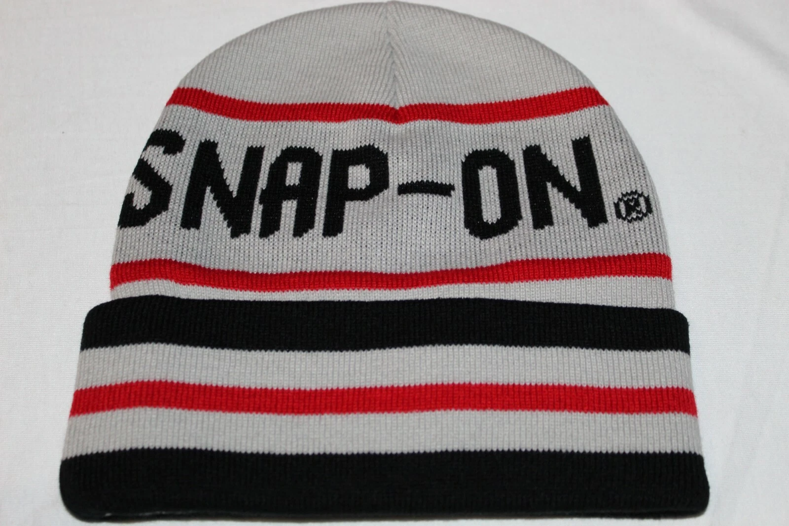 Snap-On Tools Striped Knit Grey Red Black Winter Toboggan Beanie Hat ~ NEW ~ US8