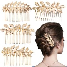 4 PCS Leaf Hair Side Combs Gold Rhinestone Hair Comb Clips with Teeth Vintage