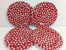 Set 4 Melamine Salad Plates 9" Red Blue Polka Dot Outdoor Pool Dining BBQ