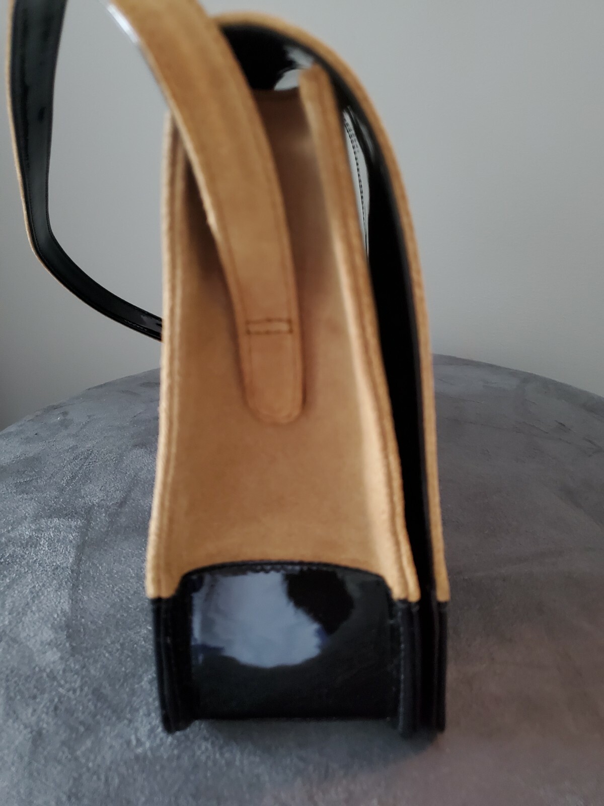 Vintage Authentic Chanel Black Patent and Tan Suede Flap Logo Bag NWOB image 3