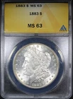 1883 Morgan Dollar ANACS MS63 Nice Flashy Mostly White Coin PQ+
