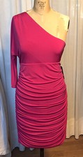Express Womens Fuchia one shoulder tight Shirred Knee L Event Dress Sz LNWT
