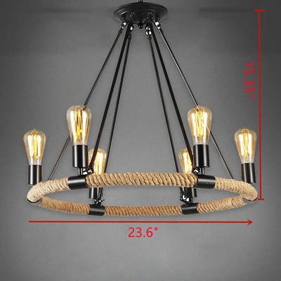 Retro Candle Ceiling Light Rope Iron Round Chandelier Industrial Pendant Rustic