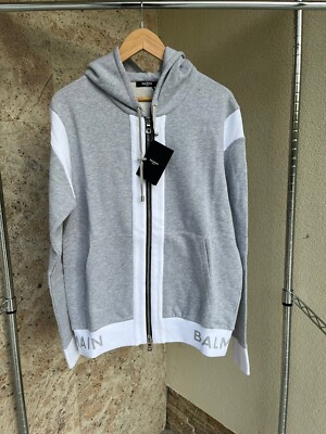 Balmain Logo Trim Zip Up Hoodie in Grey BNWT M