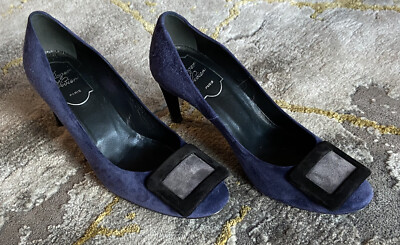 ROGER VIVIER⚡️Belle Trompette Blue suede curved heel pumps shoes