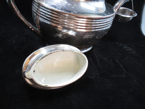 Antique English Silver Luster Porcelain tea pot w silver plate tea leaf catcher - Picture 10 of 14