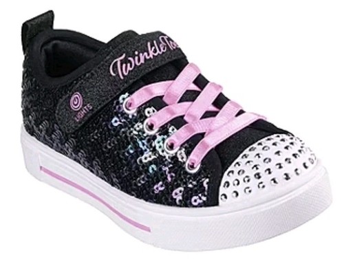 Size 1 SKECHERS Twinkle Toes Sequin Party Girls Shoes Light Up Purple Black NIB - Picture 1 of 16