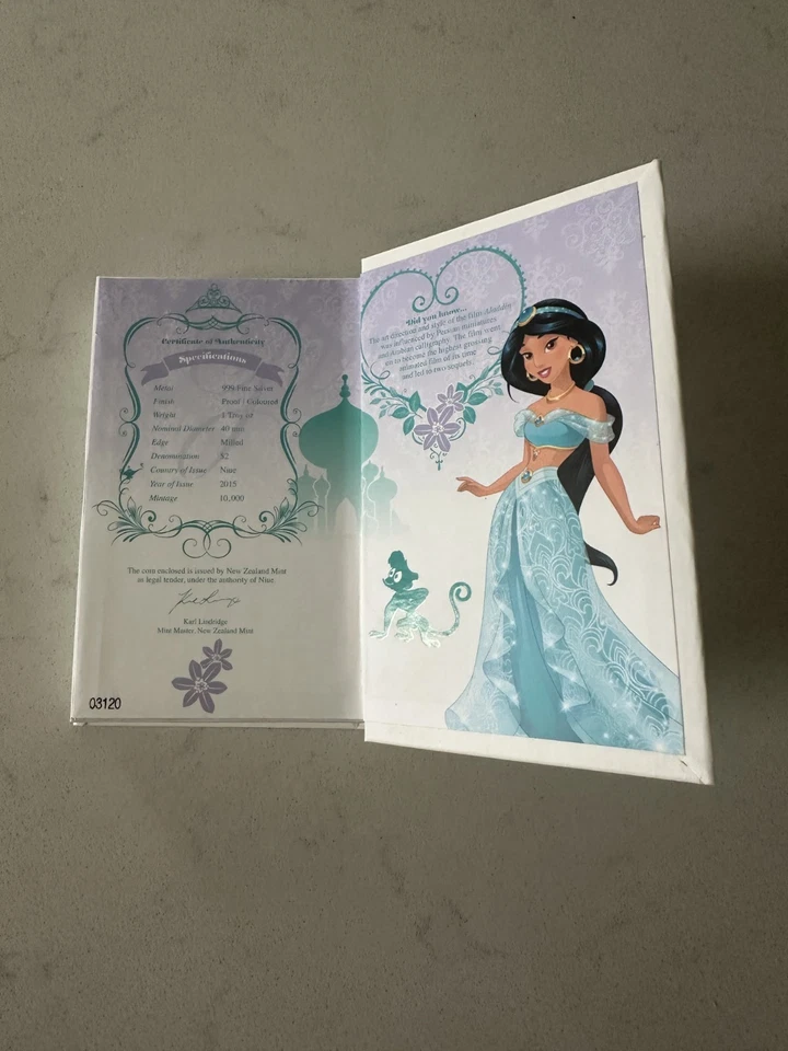 2015 Niue Disney Princess Jasmine 2$  1oz Silver Coin Proof Limited New with Box - Image 2 of 4