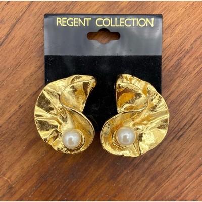 Vintage Sculptural Clip On Earrings Designer Gold Tone Abstract Faux Pearl