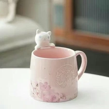 2025 Starbucks Sakura Cat Ceramic Mug 12oz - Pink Cherry Blossom Coffee Milk Cup
