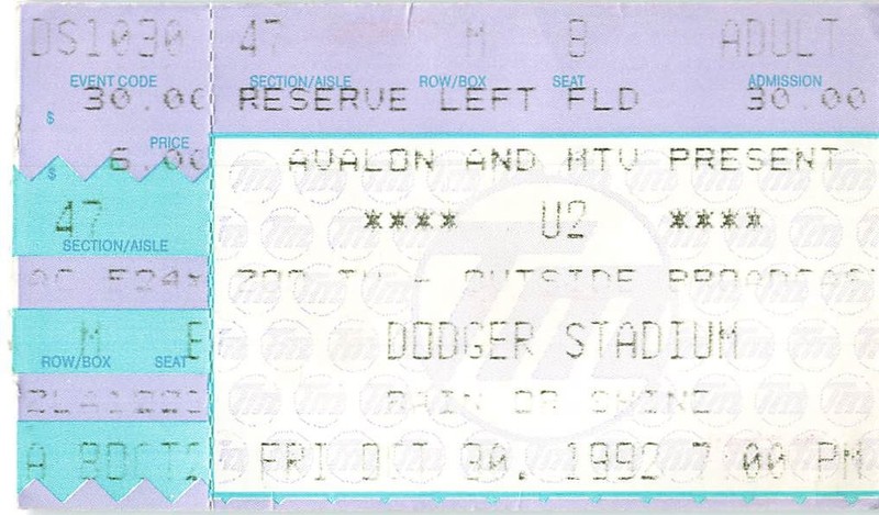 Vintage U2 Ticket Stub Dodger Stadium Los Angeles October 30, 1992
