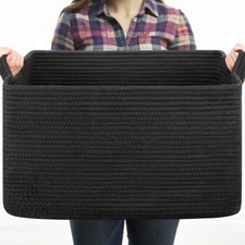 Large Blanket Basket, Black Blanket Storage Living Room, Rectangle Woven Bask...