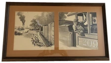 VTG Aurion Proctor Train Railroad & Steamboat Ink  Art Framed Dual Sketch RARE