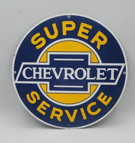 Vintage Chevrolet Super Service Rustic Porcelain Enameled Metal Sign