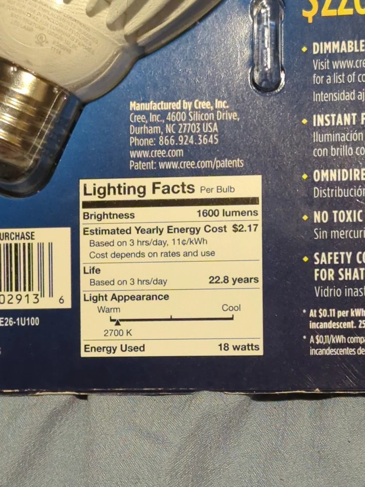 Cree Soft White LED 18 Watt 2700k Dimmable E26 Medium Bulb - Image 2 of 3