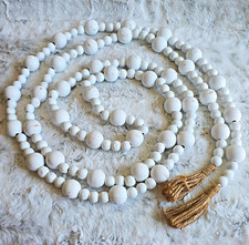 9 ft Decorative Bead Garland White Wood Strand with Tassels Rustic Farmhouse