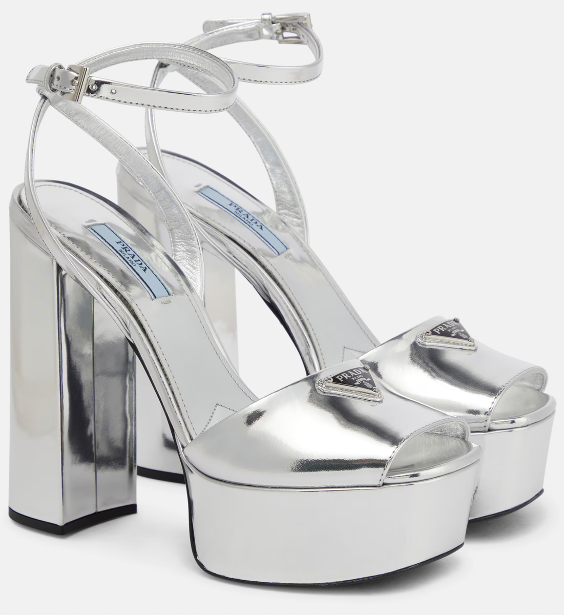 Prada 135mm Metallic Silver Logo Platform Sandal Ankle Strap Block