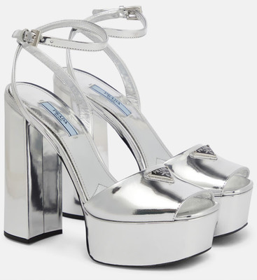 Prada 135mm Metallic Silver Logo Platform Sandal Ankle Strap Block