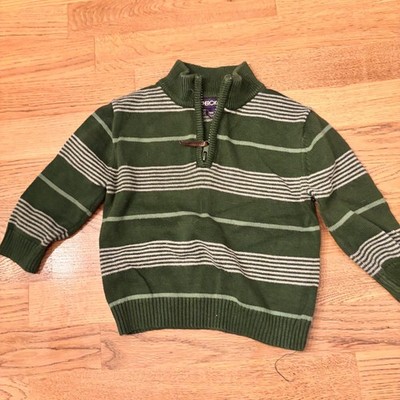 Cherokee Boys Green Striped Quarter Zip Sweater w/ Elbow Patches Size 18M Cozy