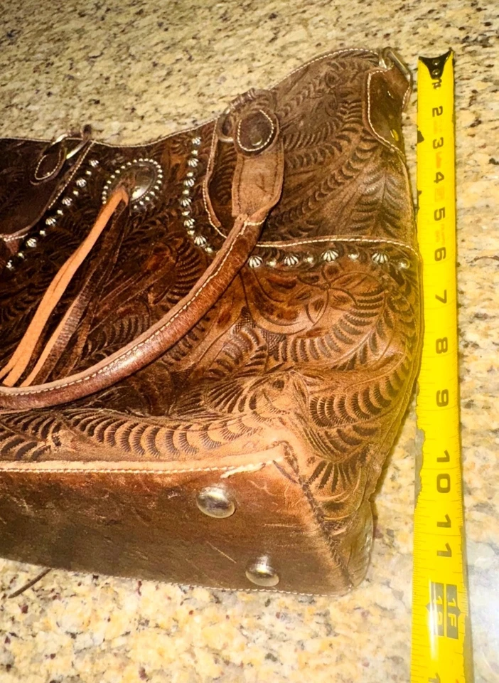 Bolso de Cuero Marrón Repujado American West Tooled De Colección Concho Acento Flecos Western Foto 4 de 4