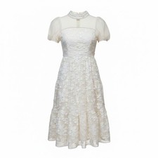 New York & Company Cream Floral Lace Tiered Midi Dress Pearl Trim Mesh Sleeve M