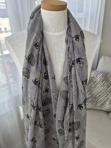 Sketched Sheep Motif Scarf gray and black Erin Knitwear