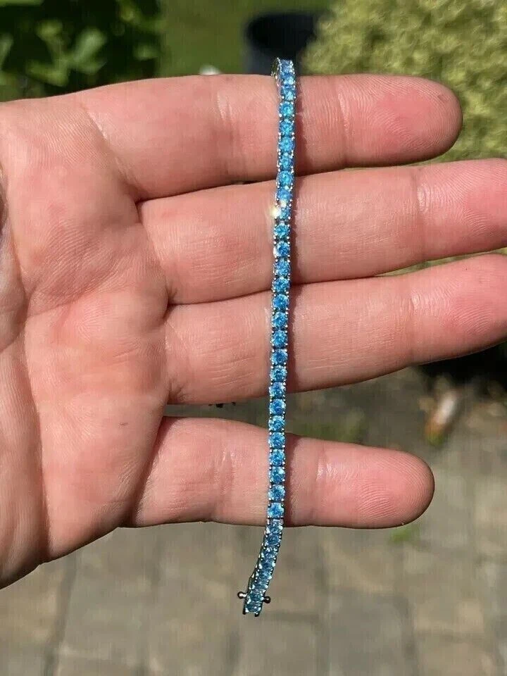 Brazalete Tenis Topacio Azul Simulado Redondo 4mm 9CT Chapado en Oro Blanco 14k 7.5" Foto 4 de 4