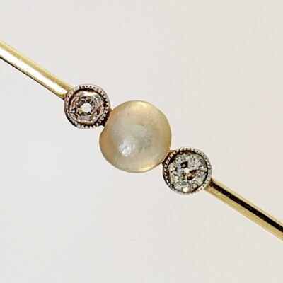 ANTIQUE .25CT OLD MINE DIAMOND & SOUTH SEA PEARL 14K TWO TONE GOLD 3D BROOCH PIN