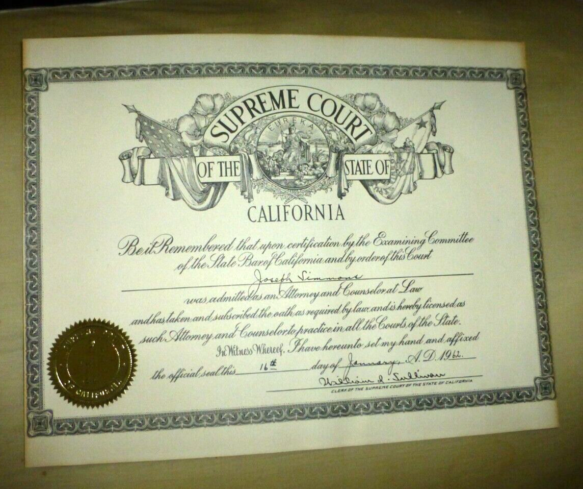 VINTAGE CERTIFICATE SUPREME COURT OF CALIFORNIA ADMITTED AS ATTORNEY SEAL  1962 - Main Image
