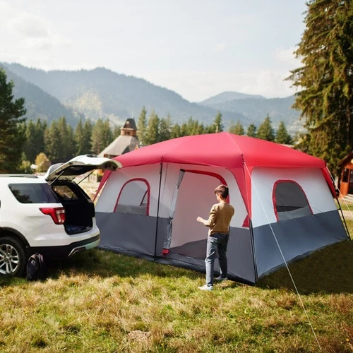 Polyester Fiberglass Poles Can Accommodate 14 People Camping Tent Red - Picture 9 of 19