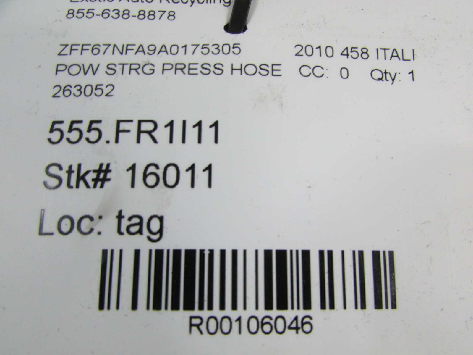 Ferrari 458 Italia, Power Steering Press Hose, Used, P/N 263052