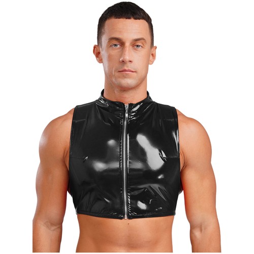 UK Mens Glossy Cropped Vest Wet Look Patent Leather Crop Top Shirt Clubwear Tee - Picture 50 of 91